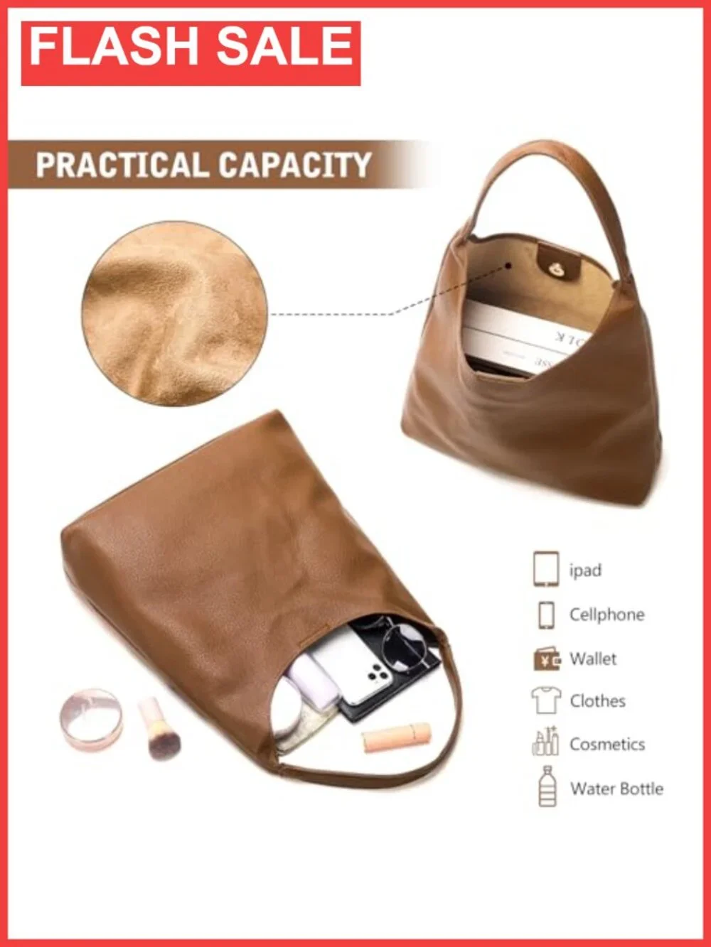 Vegan Leather Slouchy Hobo Shoulder Bag with Makeup Bag